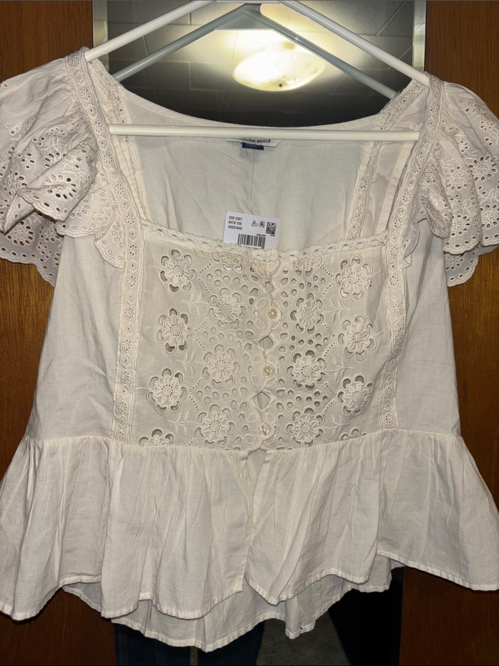 American Eagle Outfitters Cream Eyelet Peplum Square-Neck Blouse